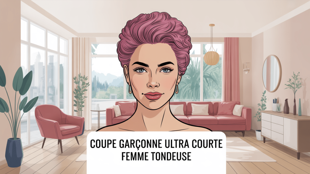 Femme avec garçonne coupe ultra courte femme tondeuse dans salon moderne