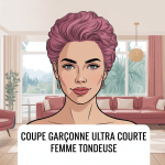 Femme avec garçonne coupe ultra courte femme tondeuse dans salon moderne