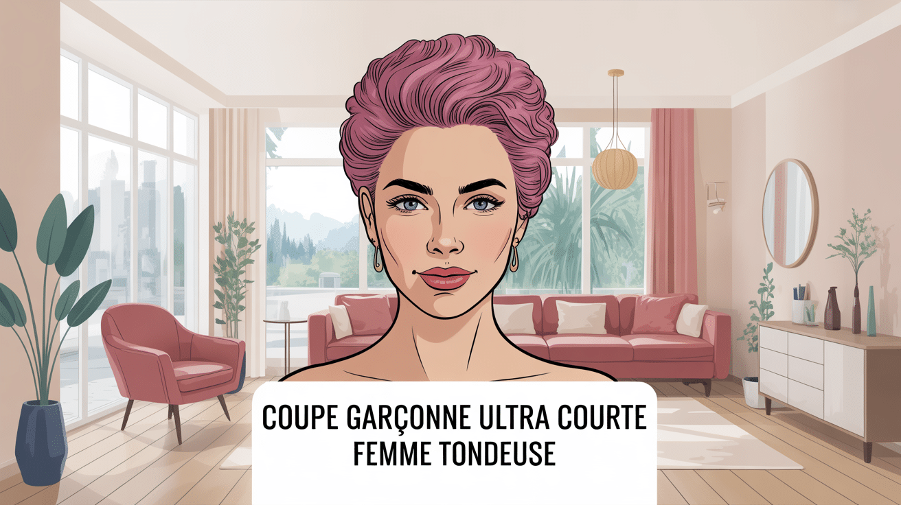 Femme avec garçonne coupe ultra courte femme tondeuse dans salon moderne