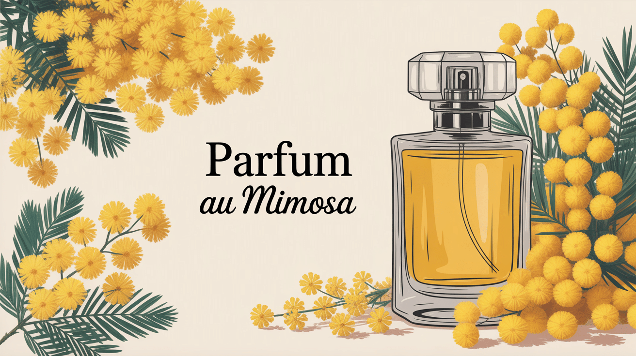 illustration parfum au mimosa fleurs jaunes flacon raffiné