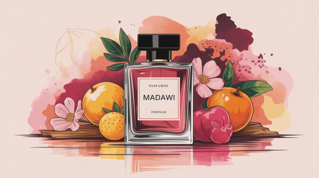 parfum madawi flacon sur fond oriental fruits fleurs bois