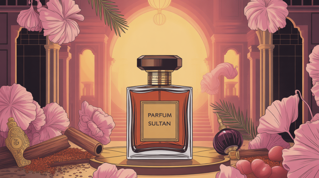 Illustration parfum Sultan flacon précieux style oriental luxe