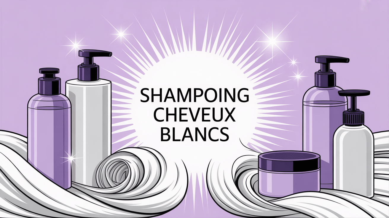 Shampoing cheveux blancs avis illustration moderne flacons et chevelure éclatante