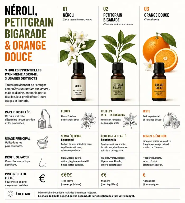 Comparatif visuel des huiles essentielles de néroli, petitgrain et orange douce pour choisir la meilleure huile essentielle de néroli