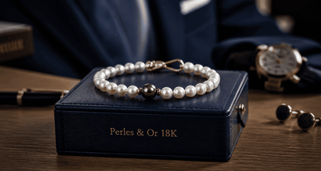 bracelet en perle de culture luxe sur écrin bleu