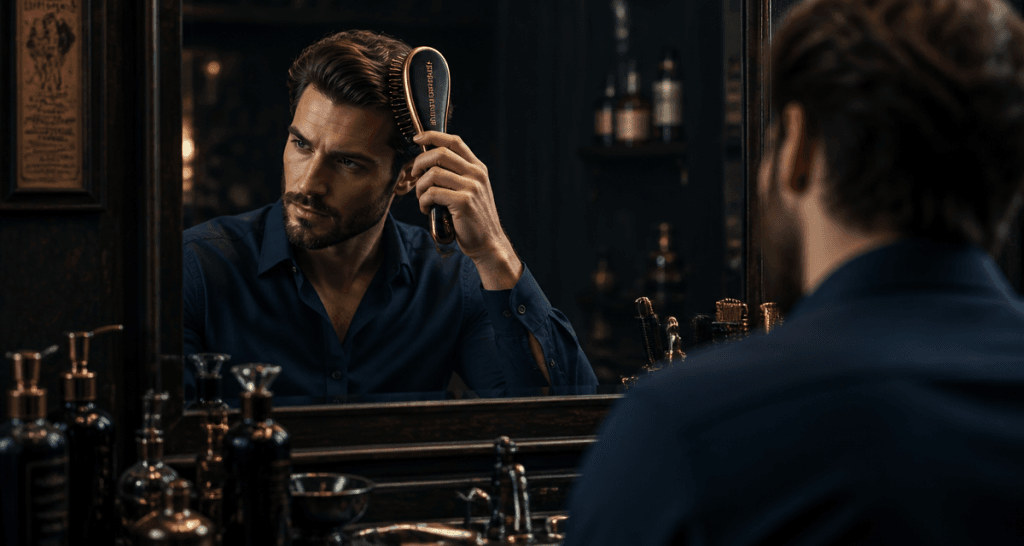 Homme utilisant brosse magique pour démêler cheveux