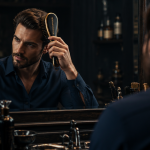 Homme utilisant brosse magique pour démêler cheveux
