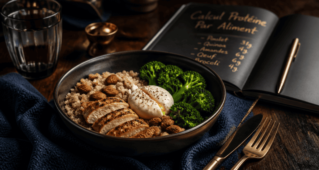 calcul proteine par aliment bol quinoa poulet œuf brocolis