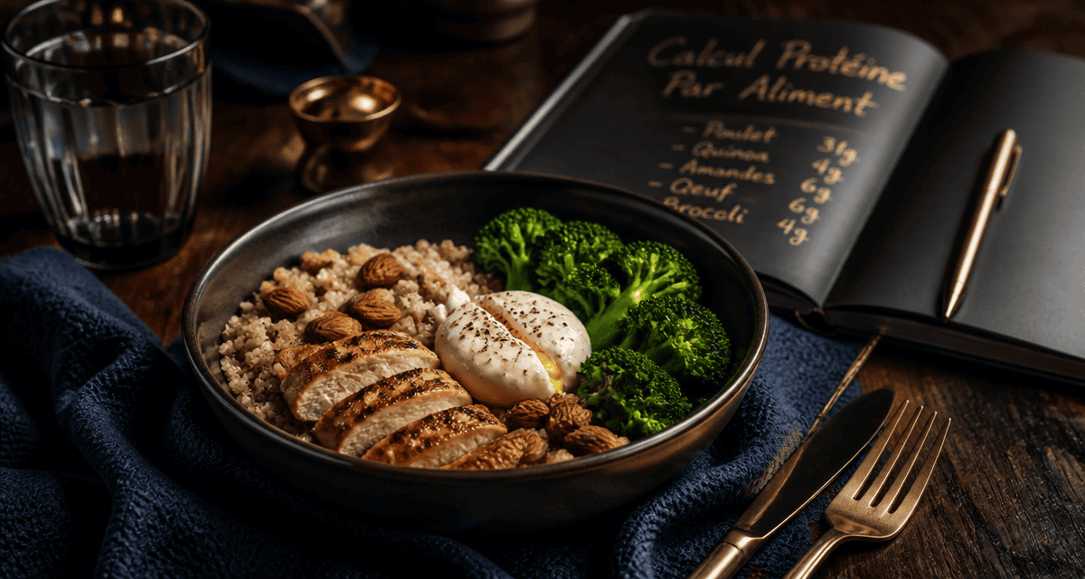 calcul proteine par aliment bol quinoa poulet œuf brocolis