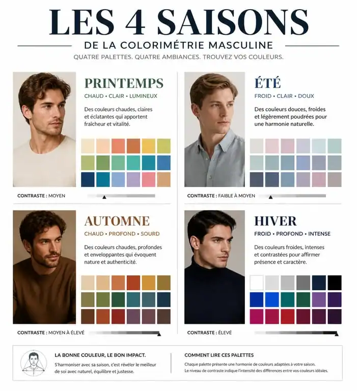 Infographie des 4 saisons de la colorimétrie homme pour choisir ses vêtements