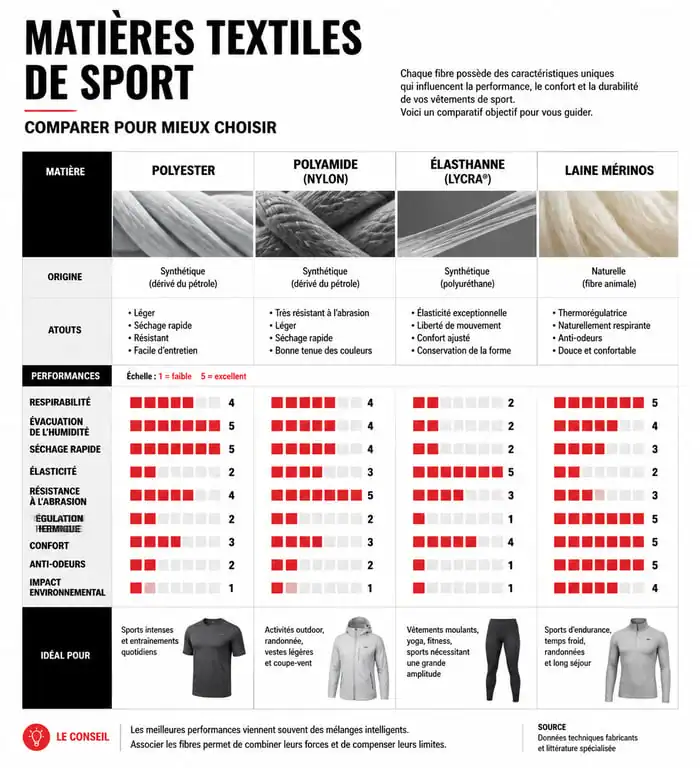 Infographie comparative des matières techniques pour vêtement pour salle de sport