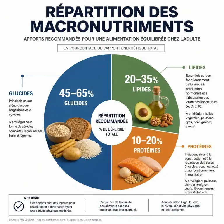 Infographie sur la répartition des macronutriments glucides lipides protéines