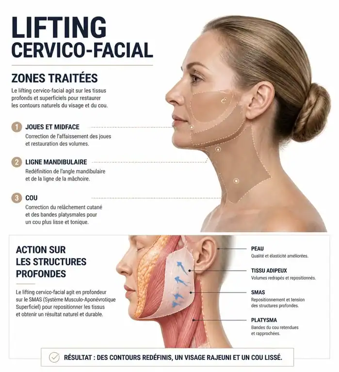 Schéma explicatif des zones traitées par un lifting visage avant après