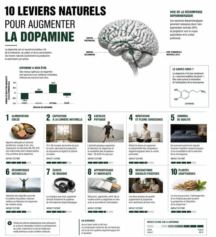Infographie des 10 façons d'augmenter la dopamine dans votre cerveau naturellement