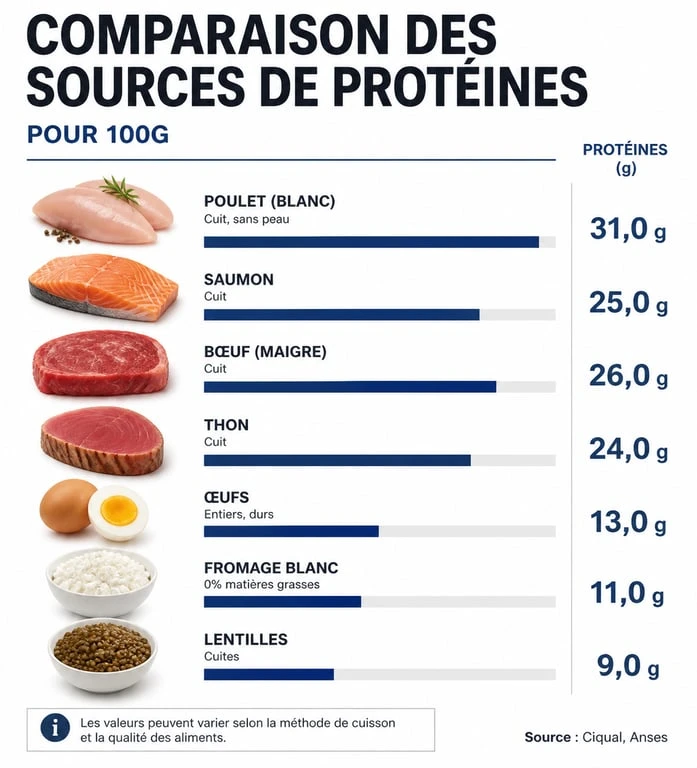 Infographie comparative des sources de protéines alimentaires pour une alimentation équilibrée