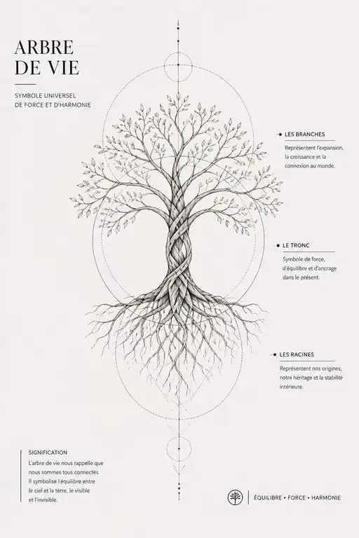 Tatouage arbre de vie symbolisant la famille, style fine line élégant