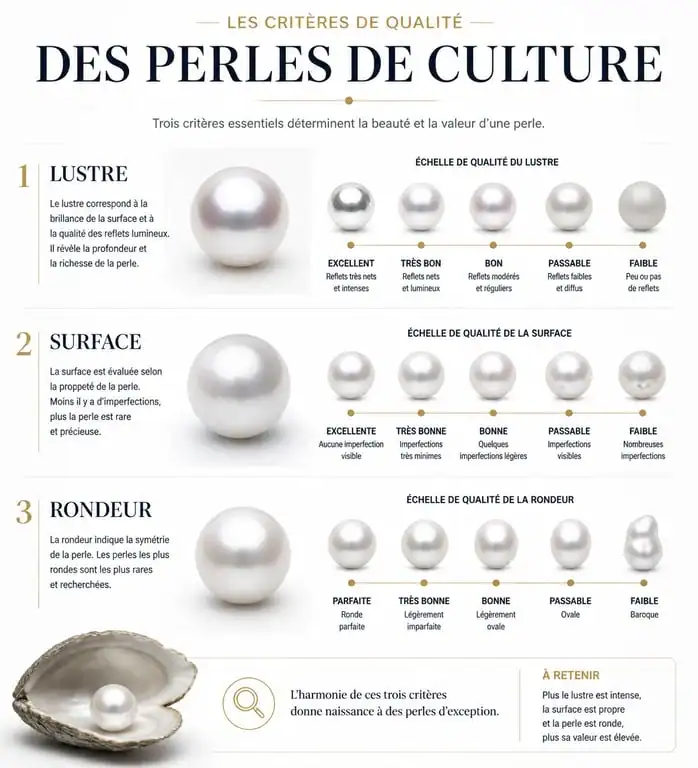 Infographie comparative des critères de qualité des bracelets en perle de culture : lustre, surface et rondeur