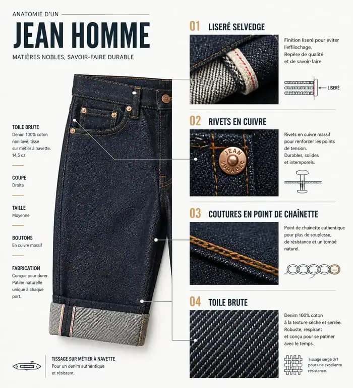 Anatomie d'un jean homme de qualité avec détails techniques selvedge et finitions