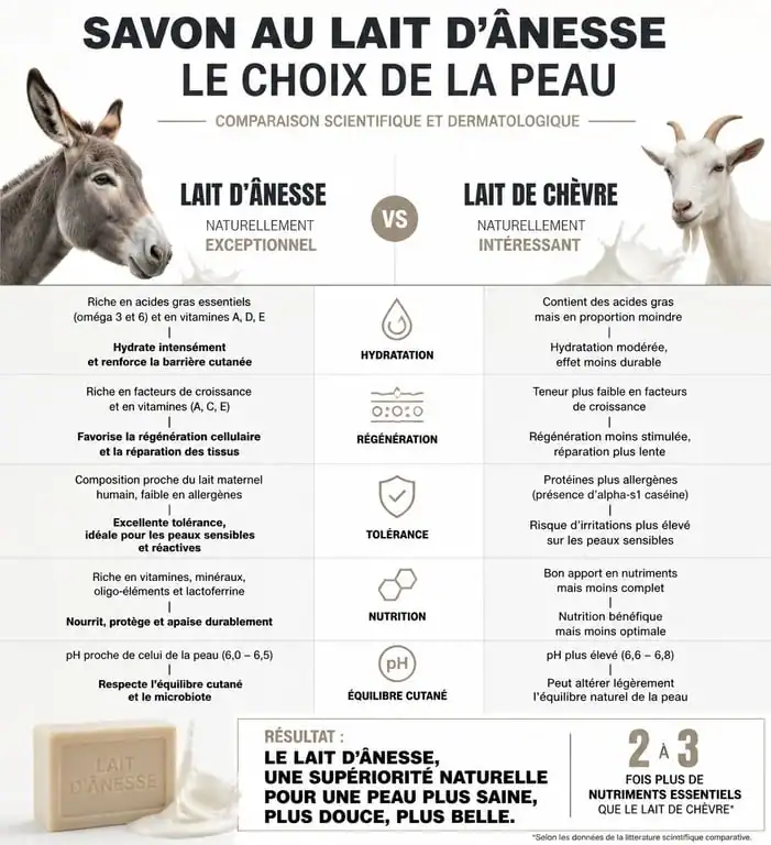 Infographie comparative des bienfaits du savon au lait d'ânesse pour le visage