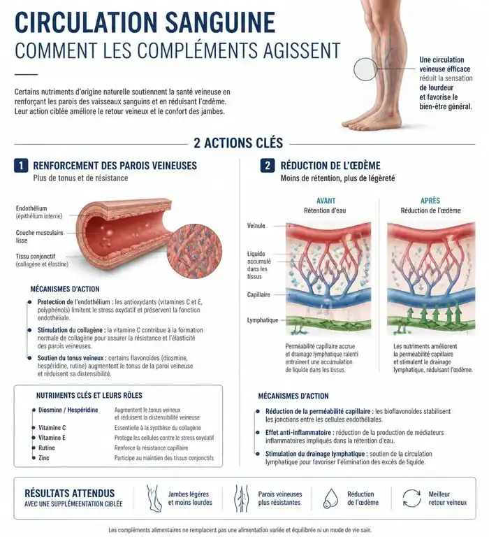 Infographie sur les bienfaits des compléments alimentaires pour la circulation sanguine et le retour veineux