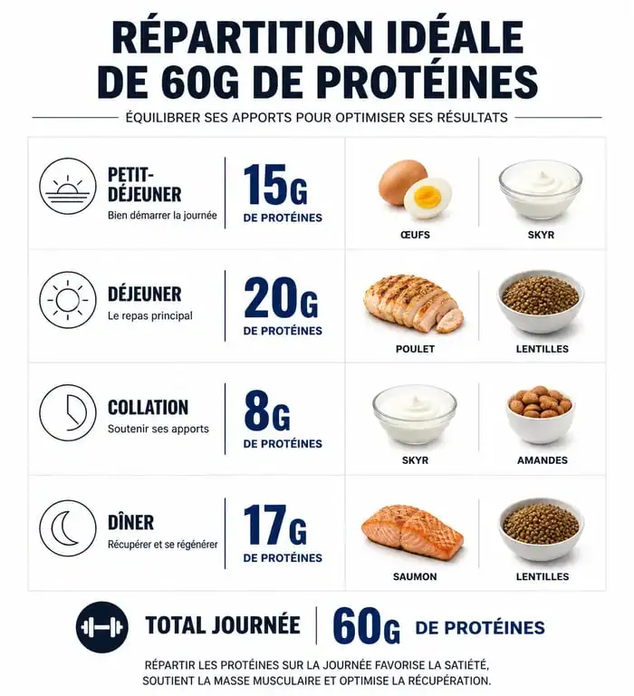 Infographie montrant la répartition optimale de 60g de protéines par jour pour un équilibre nutritionnel