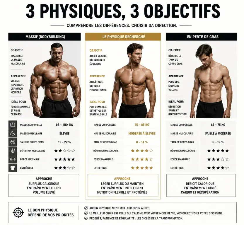 Comparatif visuel des silhouettes : bodybuilding, physique athlétique et perte de gras pour un mec musclé mais pas trop