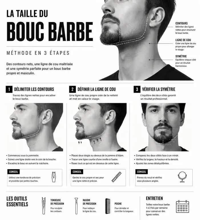Schéma des étapes pour tailler et entretenir son bouc barbe avec précision