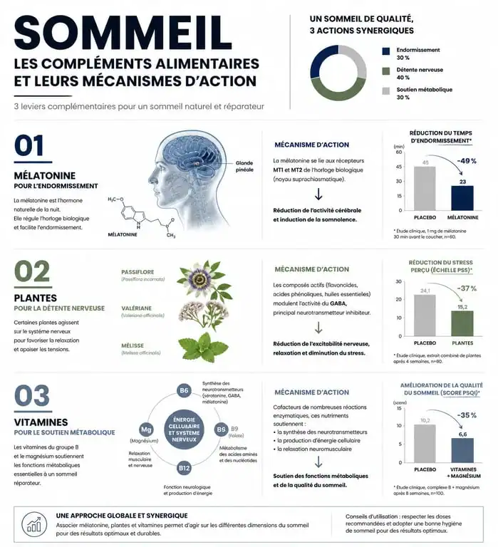 Infographie sur les mécanismes d'action des compléments alimentaires pour dormir