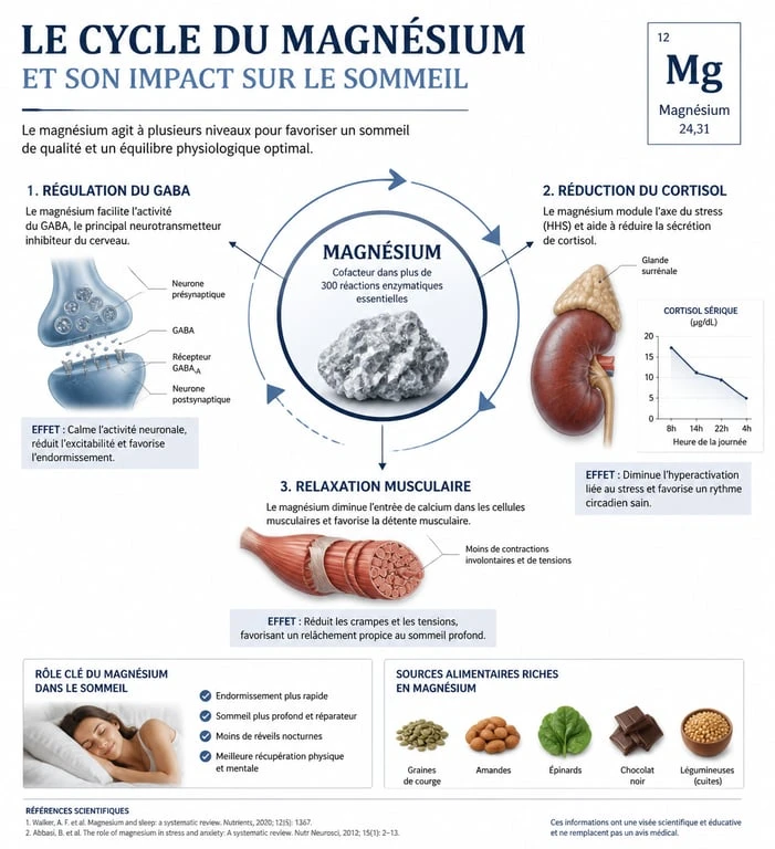 Infographie sur les bienfaits du magnésium pour le sommeil et son mécanisme d'action