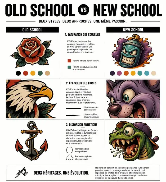 Comparaison visuelle entre tatouage Old School et New School