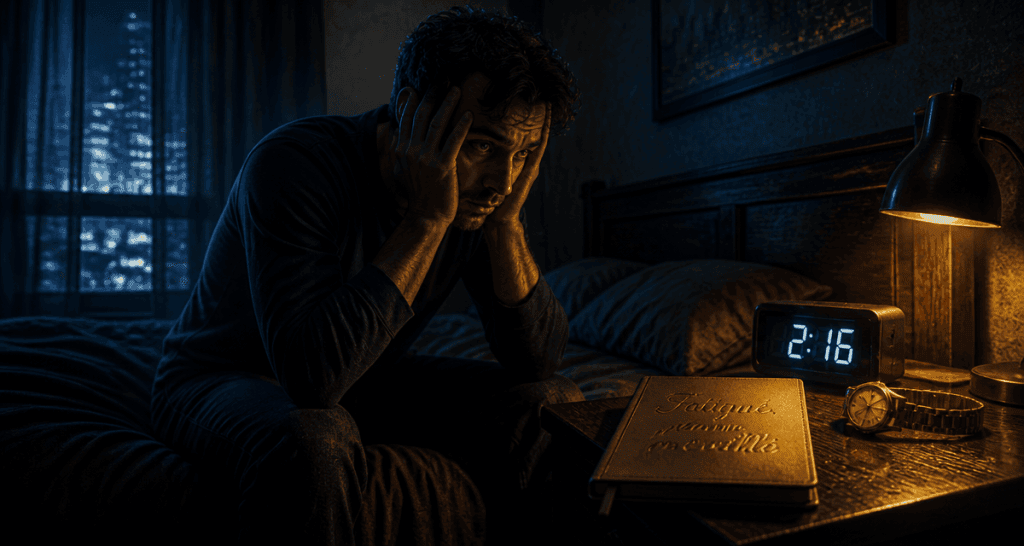 je suis fatigue mais j arrive pas a dormir homme assis lit