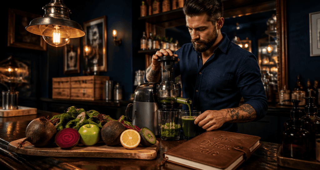 Homme prépare un jus detox pour le foie avec légumes frais