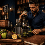 Homme prépare un jus detox pour le foie avec légumes frais