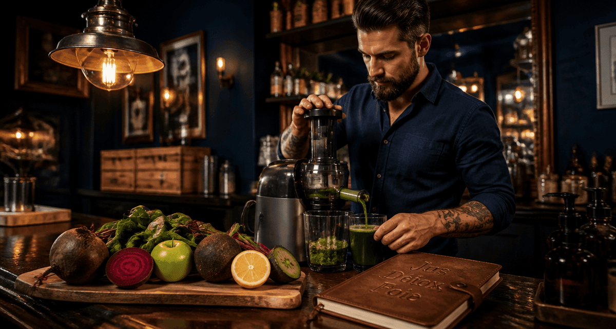 Homme prépare un jus detox pour le foie avec légumes frais