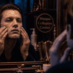masque raffermissant au collagène coréen avis homme devant miroir