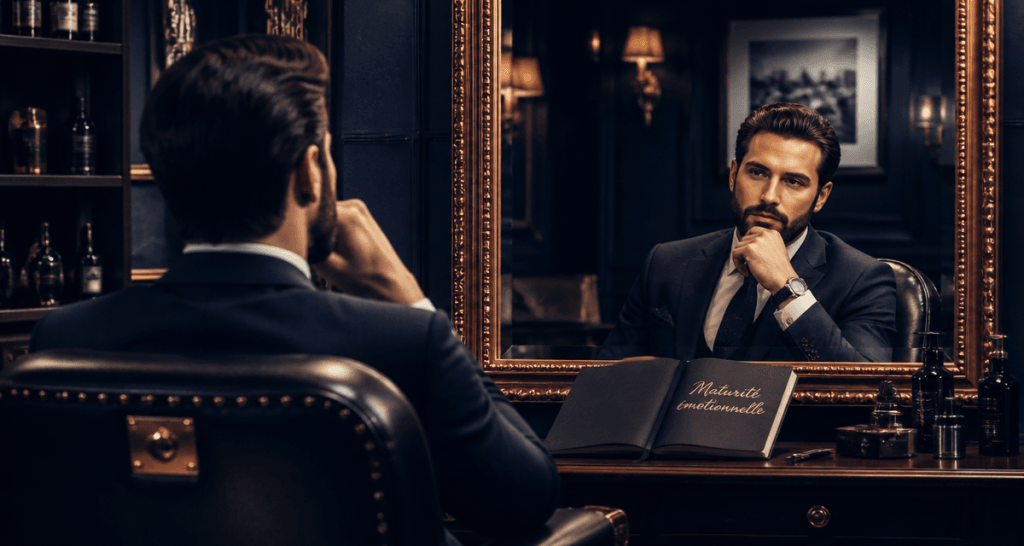 Homme mature réfléchissant à la maturité émotionnelle dans un salon élégant
