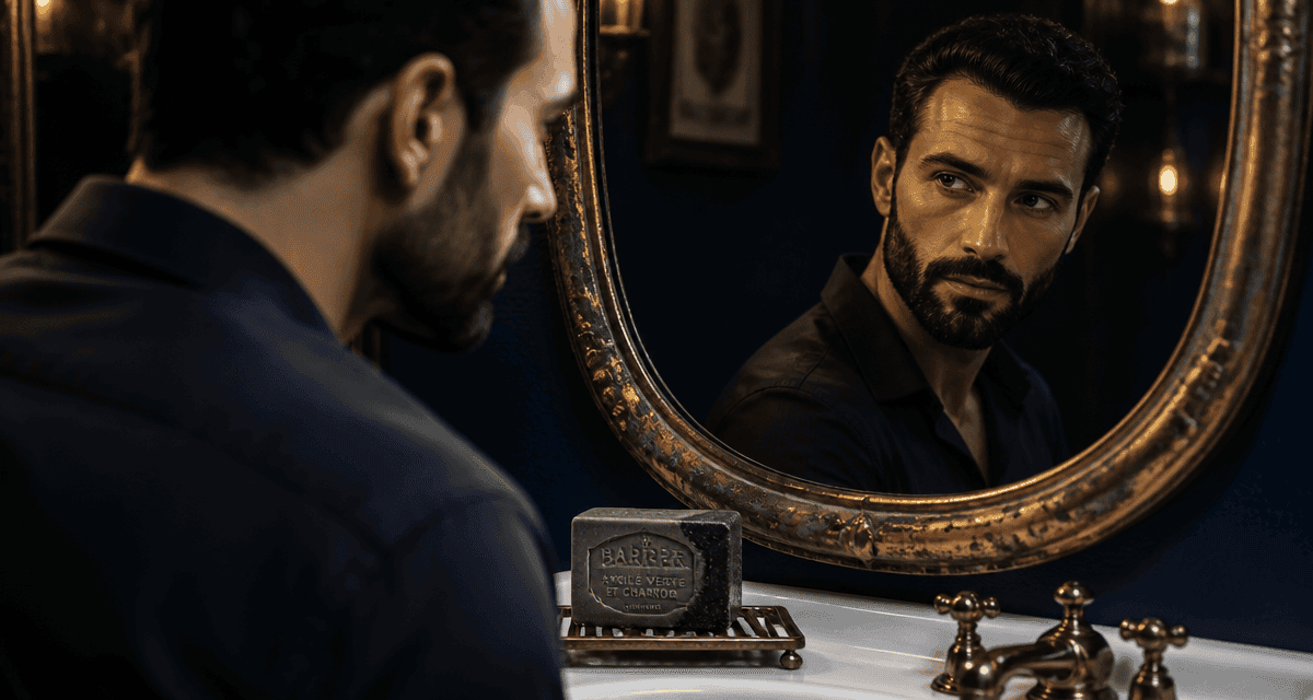 quel savon pour peau grasse homme devant miroir