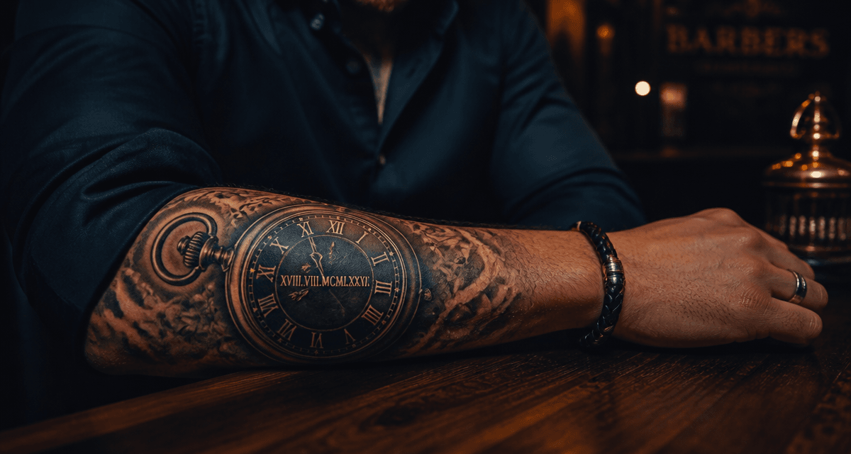 Tatouage horloge date de naissance sur avant-bras homme