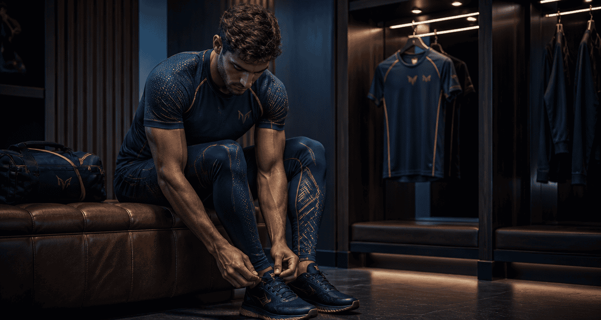 Homme en vetement pour salle de sport bleu et or dans vestiaire