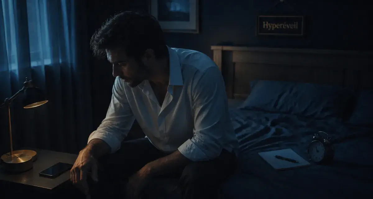 Chambre sombre à 3h12 : insomnia, homme sur le lit, smartphone éteint
