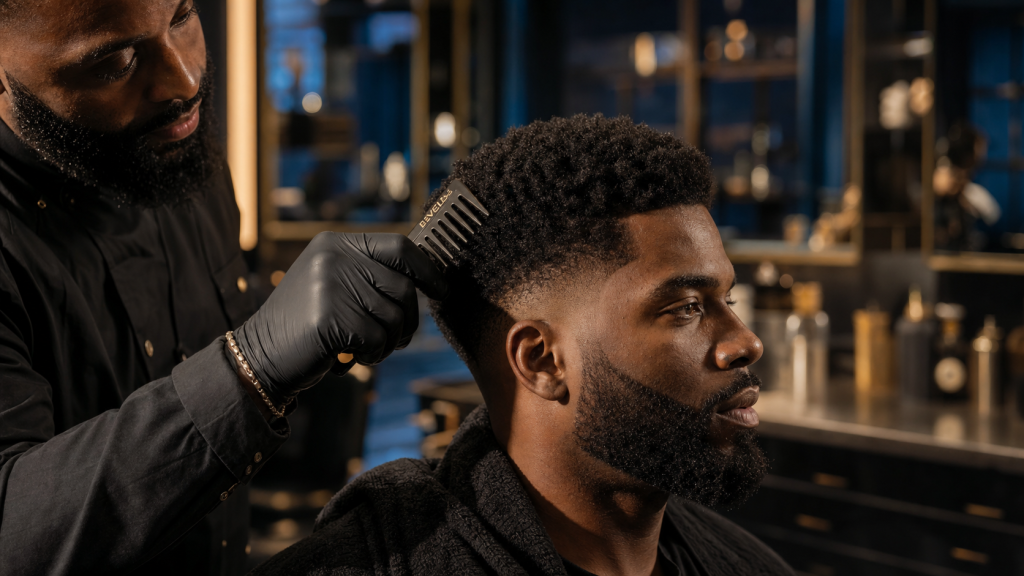 Coupe afro homme : Afro Taper Fade, peigne afro au salon de coiffure