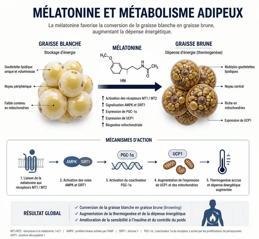 Schéma explicatif du rôle de la mélatonine sur le métabolisme et la gestion du poids corporel