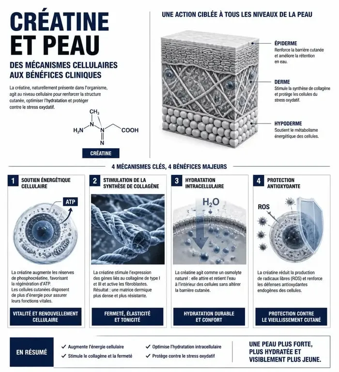 Infographie expliquant les effets de la créatine sur la peau et son rôle dans l'hydratation et le collagène.