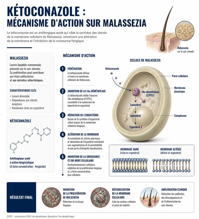 Schéma explicatif du fonctionnement des shampoings pour la dermite séborrhéique et action sur Malassezia