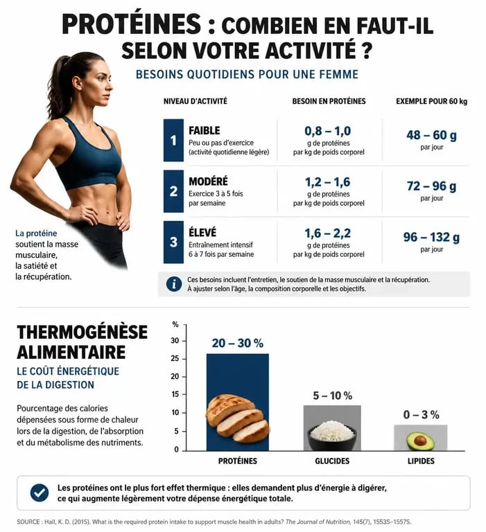 Infographie sur les besoins en protéines par jour pour une femme pour maigrir selon l'activité physique