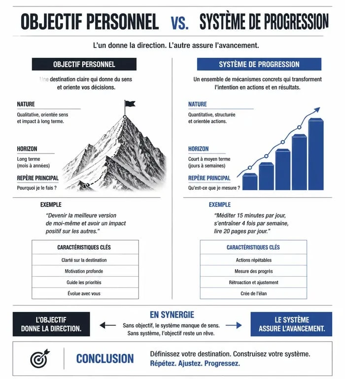 Infographie comparative entre objectif personnel et système de progression pour atteindre ses buts.
