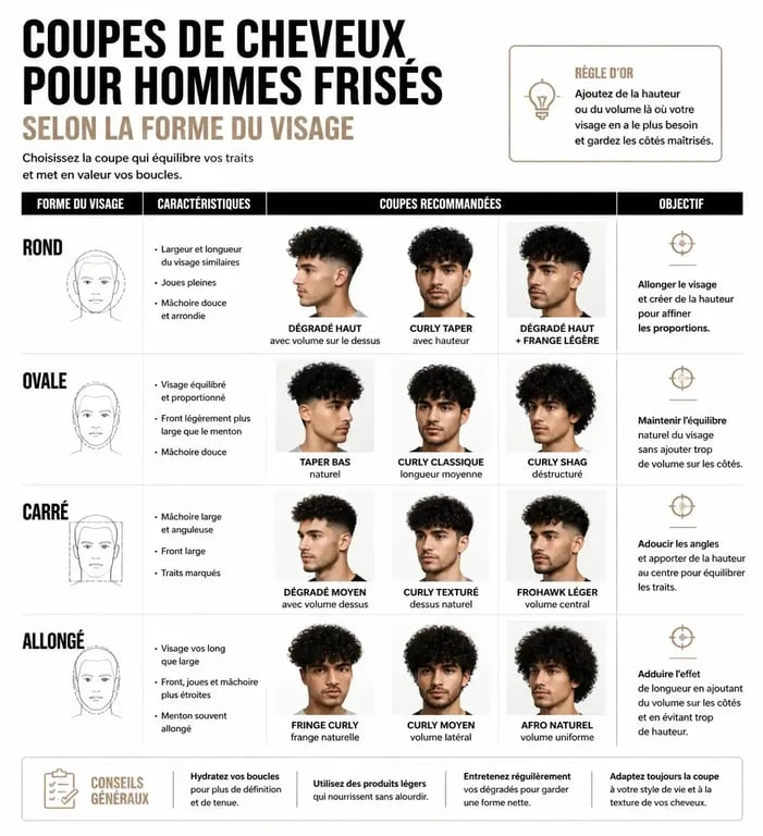 Infographie des meilleures coupes de cheveux pour homme frisé selon la forme du visage