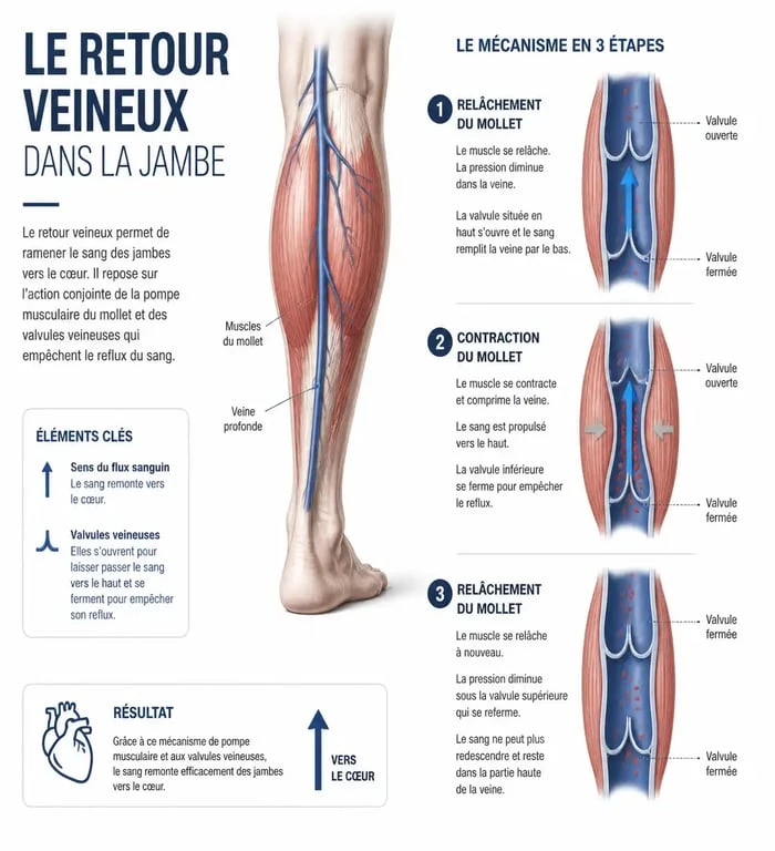Schéma explicatif du mécanisme de retour veineux pour améliorer la circulation sanguine dans les jambes