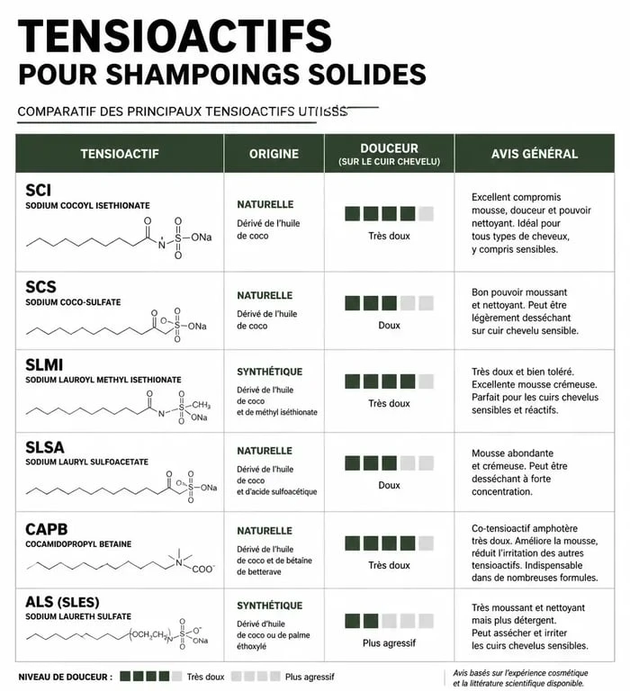 Tableau comparatif des tensioactifs pour shampoing solide : SCS, SCI, Disodium Lauryl Sulfosuccinate et Decyl Glucoside.