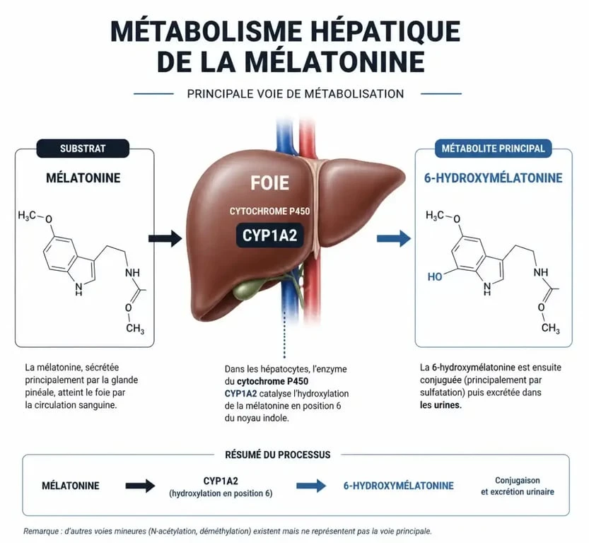 Schéma du métabolisme de la mélatonine par le foie et rôle du cytochrome P450